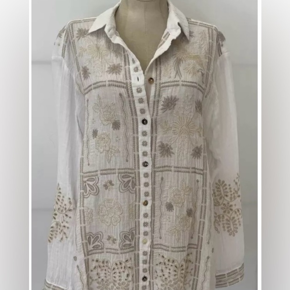 Johnny Was gauzy, embroidered white top, XL, tunic, blouse